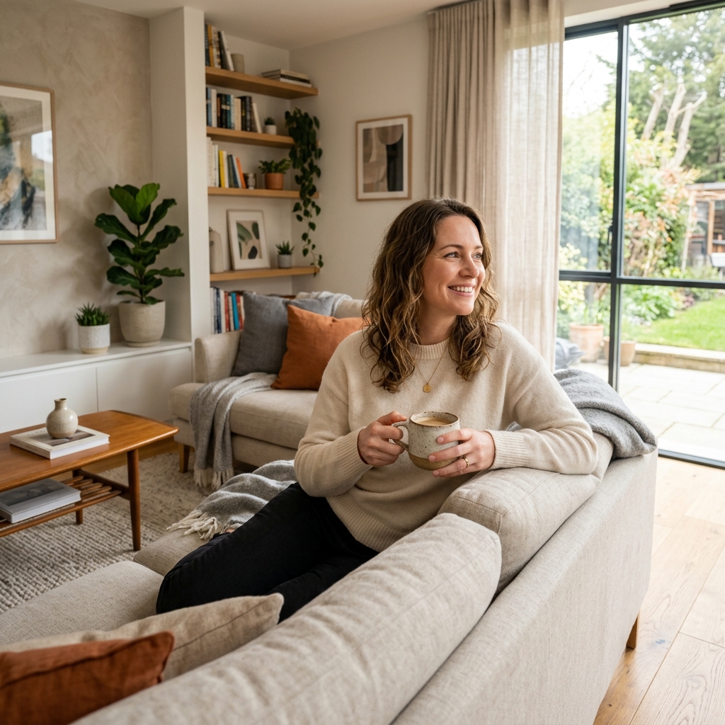 Propriétaire heureuse dans son salon